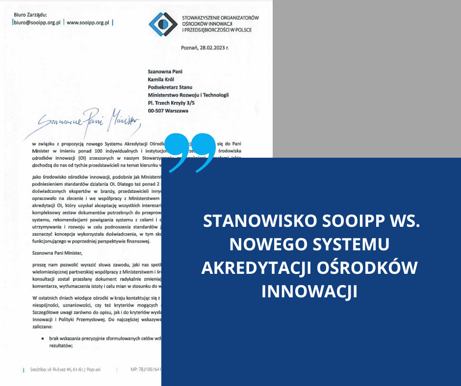 STANOWISKO SOOIPP WS. NOWEGO SYSTEMU AKREDYTACJI OŚRODKÓW INNOWACJI