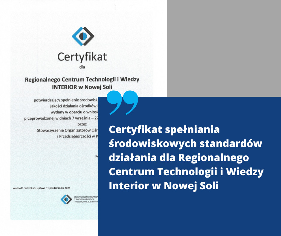 Certyfikat spełniania środowiskowych standardów działania dla RCTiW Interior Sp. z o.o.